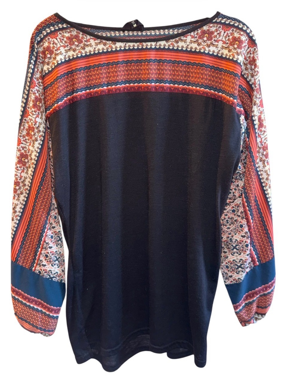 Women's Black Tunic with Red Multi-Patterned Sleeves